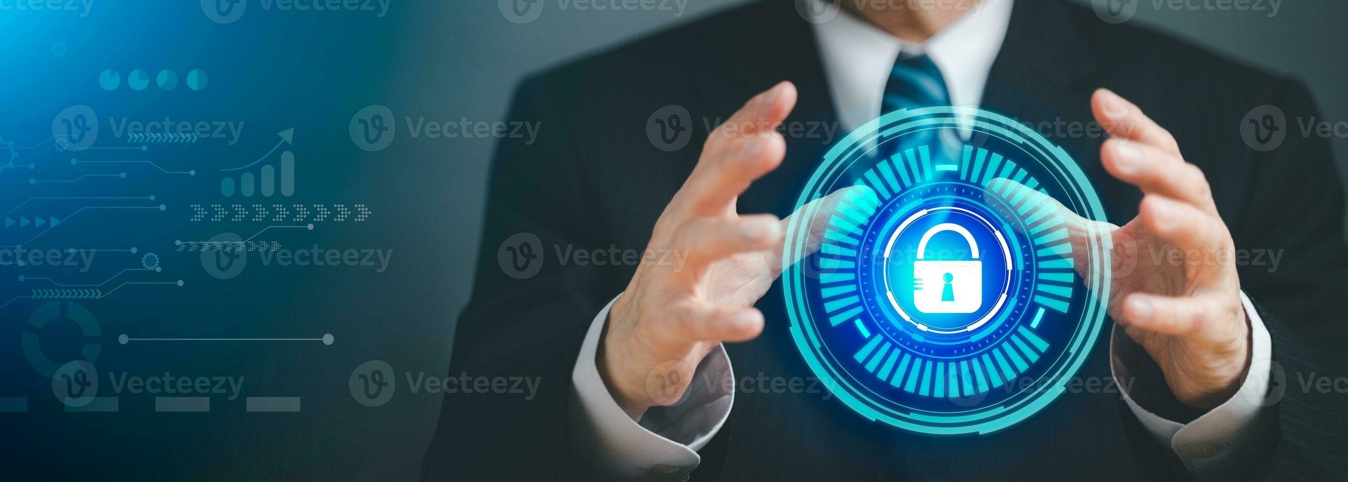 Businessman holding protect icon. lock symbol, concept about security, Digital cybersecurity and network protection with technology background. photo