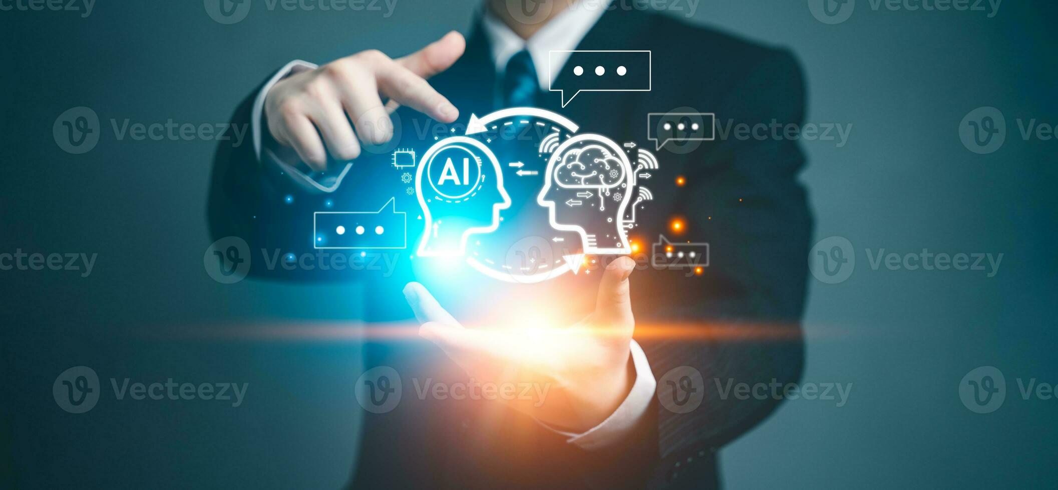 Chatbot Chat AI concept, Artificial Intelligence. Businessman using technology smart AI robot, enter command prompt, analyze data for business, Automate chatbot, Futuristic technology transformation. photo