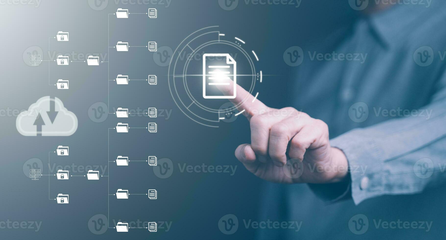 Document Management System, DMS, being setup by IT consultant working on in office. Software for archiving corporate files, searching and managing information. Business processes concept. photo