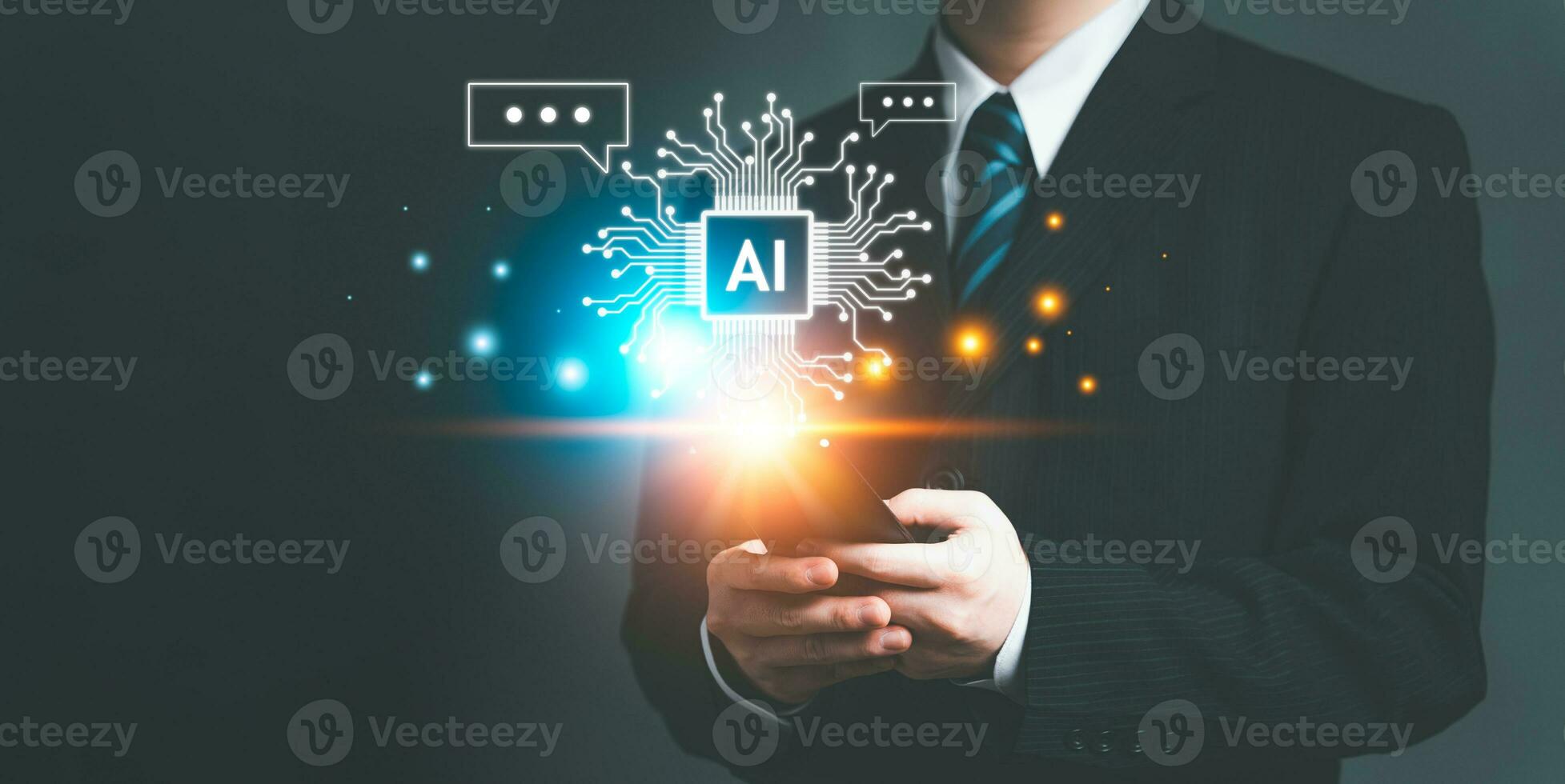 Chatbot Chat AI concept, Artificial Intelligence. Businessman using technology smart AI robot, enter command prompt, analyze data for business, Automate chatbot, Futuristic technology transformation. photo