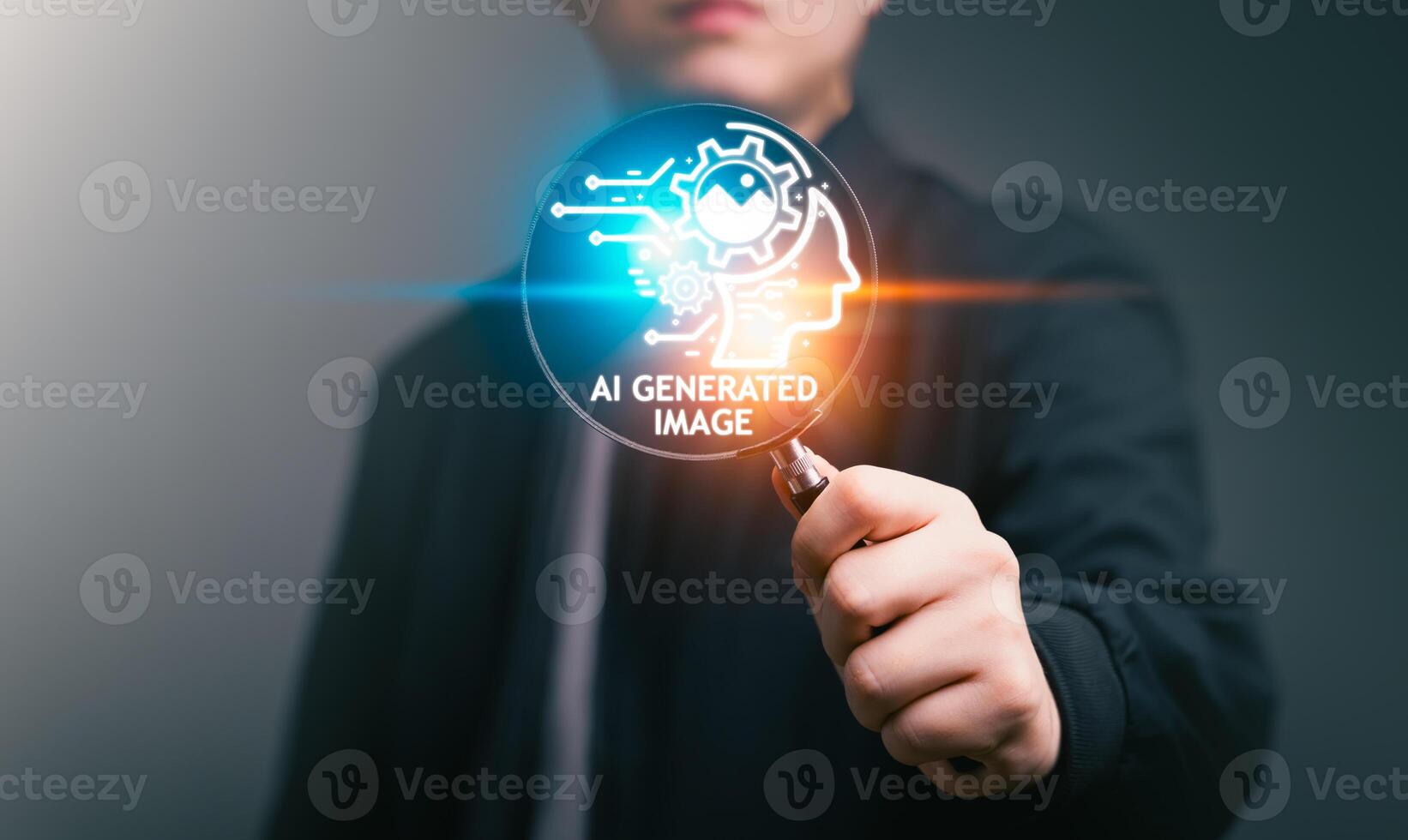 AI, Artificial Intelligence image Concept. Artist Man holding magnifier to find AI Art, Artificial Intelligence to generate image. Text to image command prompt, technology transformation. photo