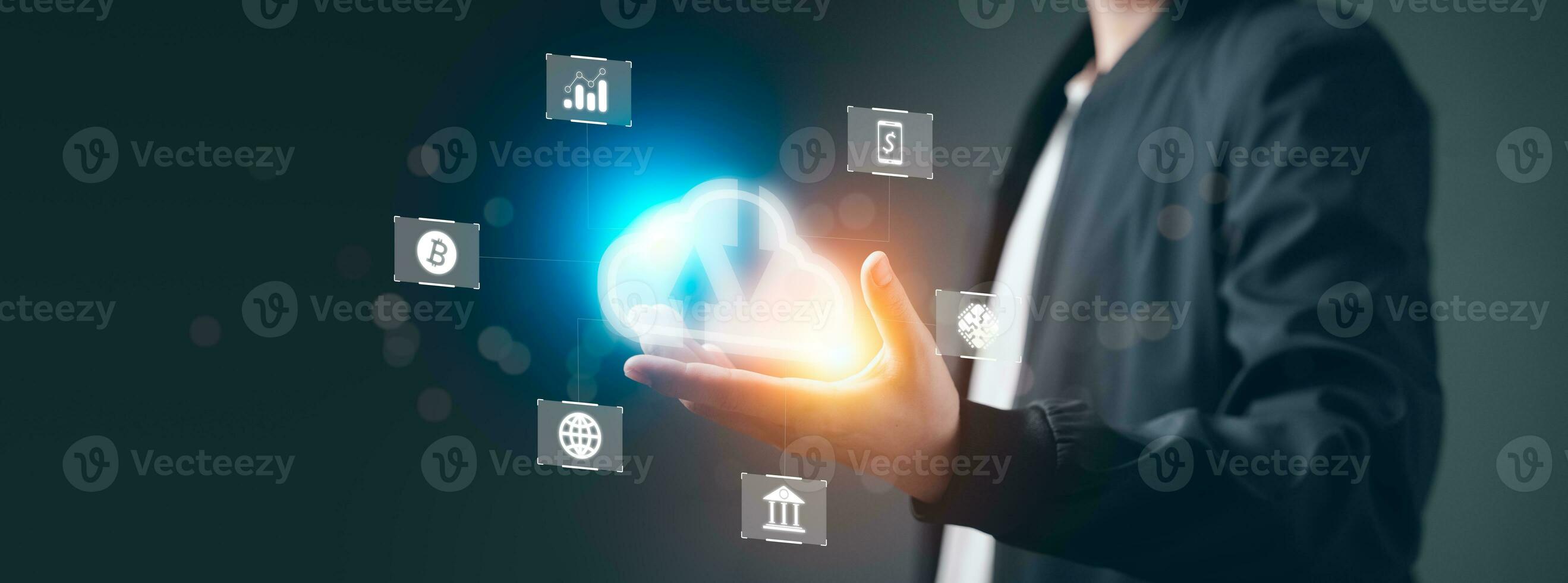 Business man Hand holding virtual cloud computing with Global Internet connection. Big data application technology and digital marketing, Financial and banking, Digital link, Cloud Networking service. photo