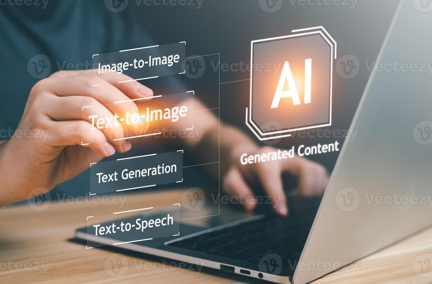 AI, Artificial Intelligence, content Concept. Artist Man using AI Art to generate image content. Text to image command prompt generates, technology Business, futuristic transformation. photo