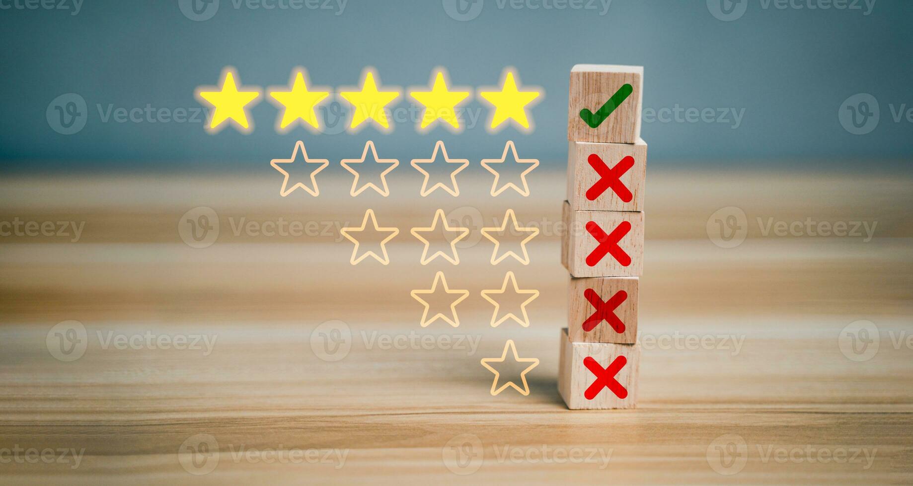 Customer satisfaction assessment, service experience. Most Rated five star on top wood block cube. Feedback rating and positive customer review experience, Satisfaction survey concept. photo