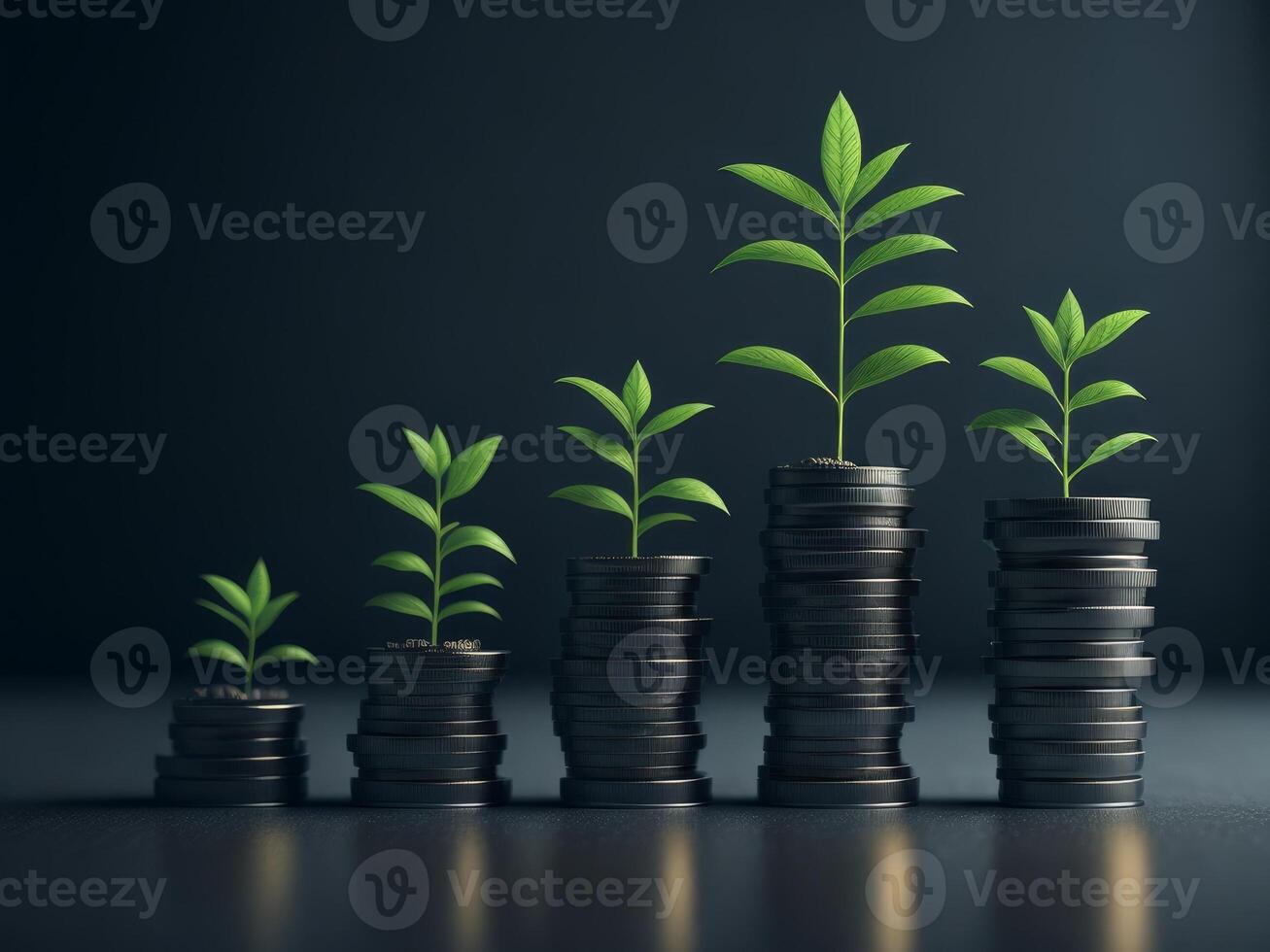 Row of stacks of coins with a plant growing, AI generated photo