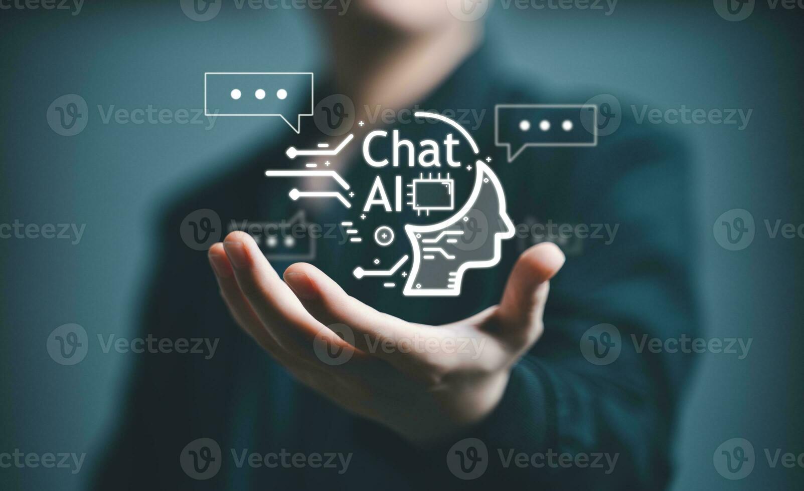 ChatBot Chat with AI, Artificial Intelligence. man chatting with a smart AI robot, artificial intelligence by enter command prompt for generates something, Futuristic technology transformation. photo