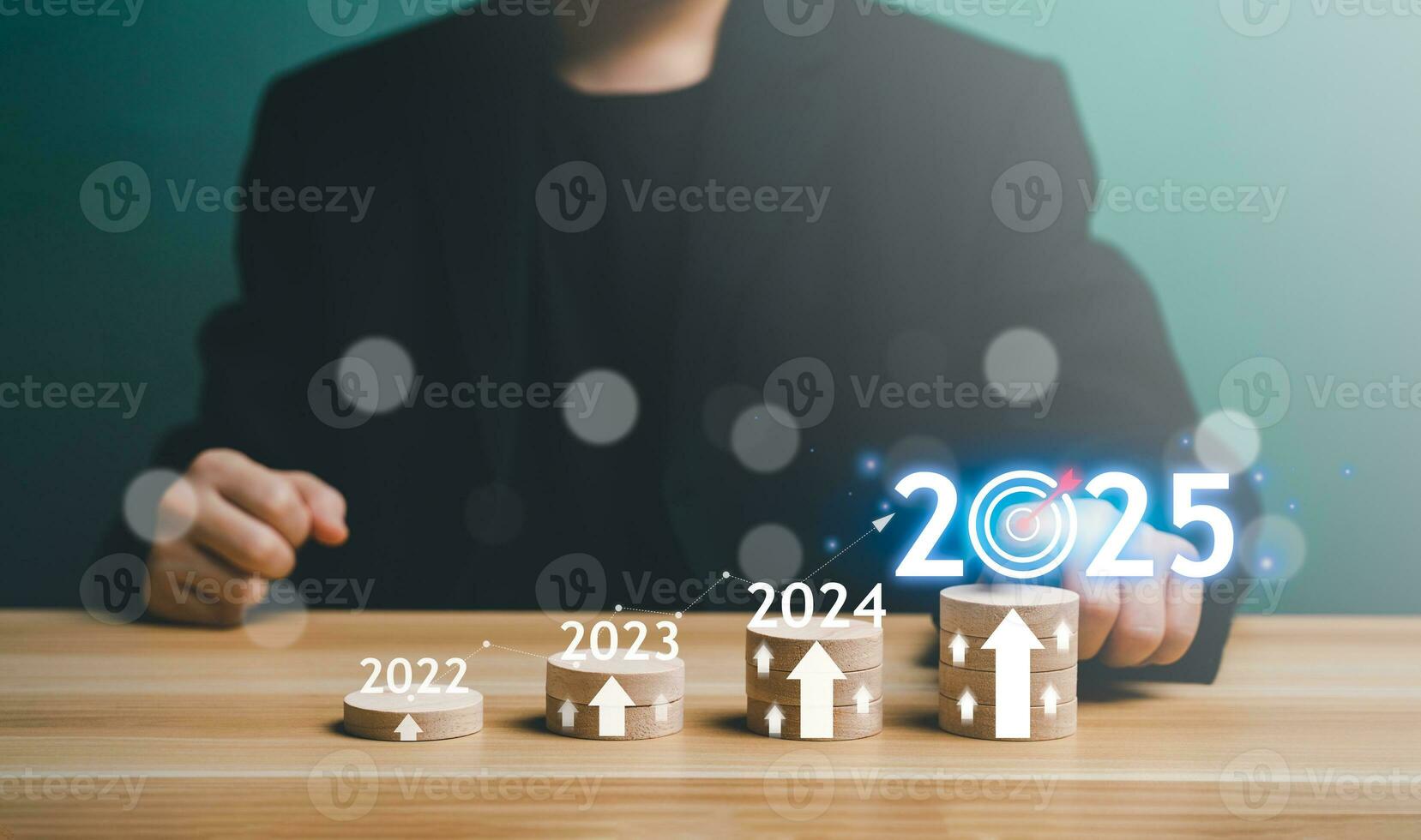 2025 Business Planning, Strategy, creative, idea concept. Businessman pointing chart graph with