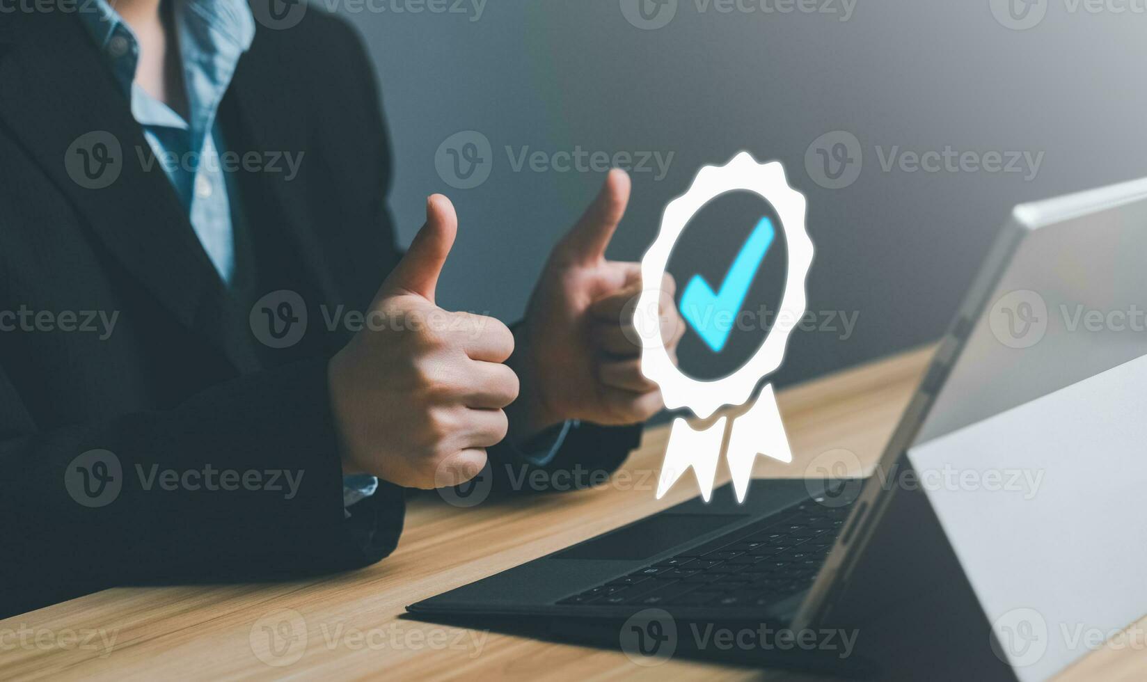 Businessman holding and shows the sign of the top service Quality assurance 5 star, Guarantee, Standards in business or industrial ISO certification and standardization concept, best warranty service. photo