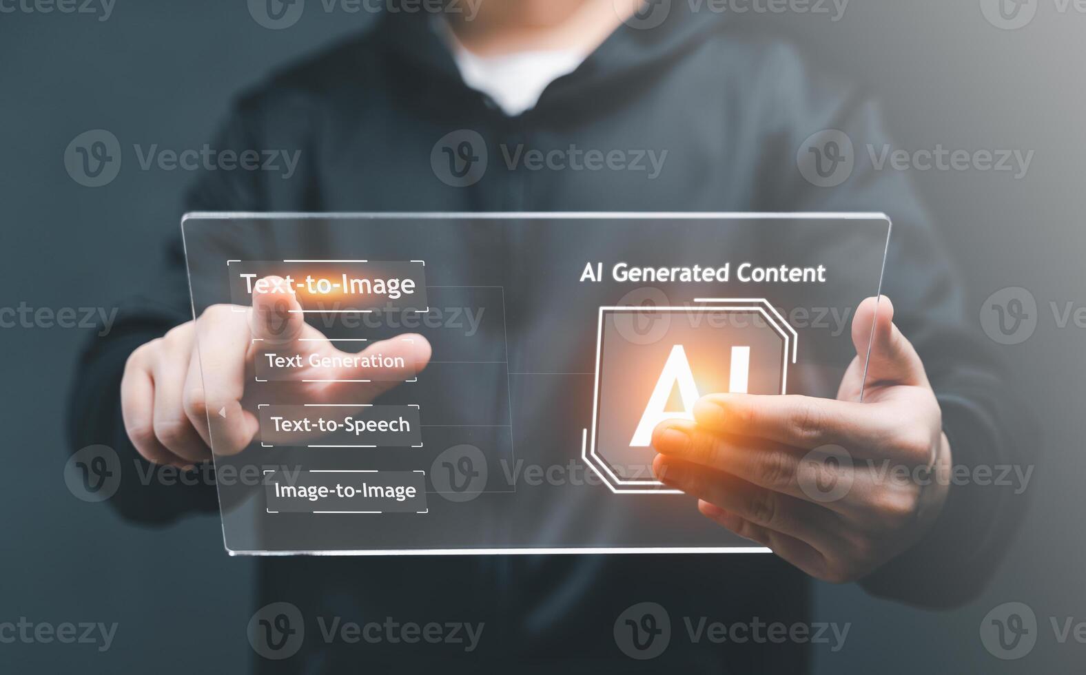 AI, Artificial Intelligence, content Concept. Artist Man using AI Art to generate image content. Text to image command prompt generates, technology Business, futuristic transformation. photo