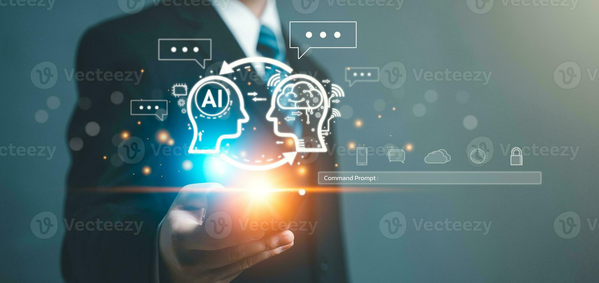 Chatbot Chat AI concept, Artificial Intelligence. Businessman using technology smart AI robot, enter command prompt, analyze data for business, Automate chatbot, Futuristic technology transformation. photo