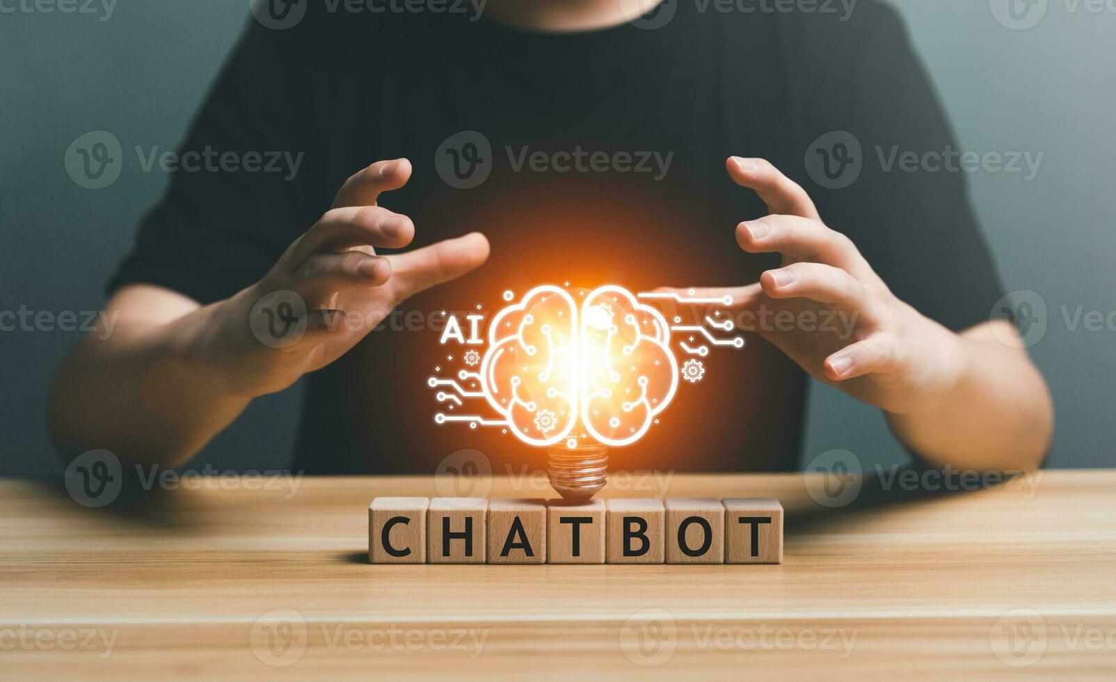 ChatBot Chat with AI, Artificial Intelligence. man chatting with a smart AI robot, artificial intelligence by enter command prompt for generates something, Futuristic technology transformation. photo
