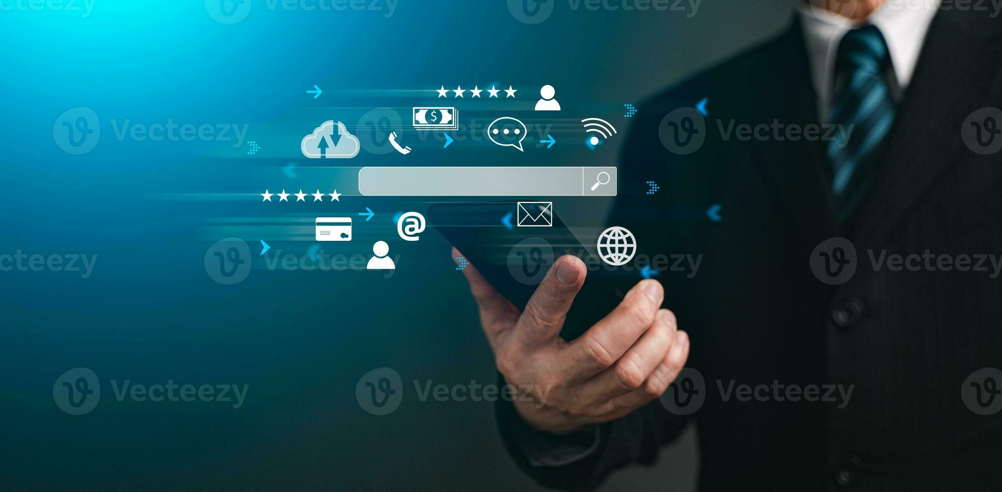 Searching on Browsing Internet Data Information Networking Concept with copy space. Data Search Technology Search Engine Optimization. Businessman use a smartphone to find data on networking. photo