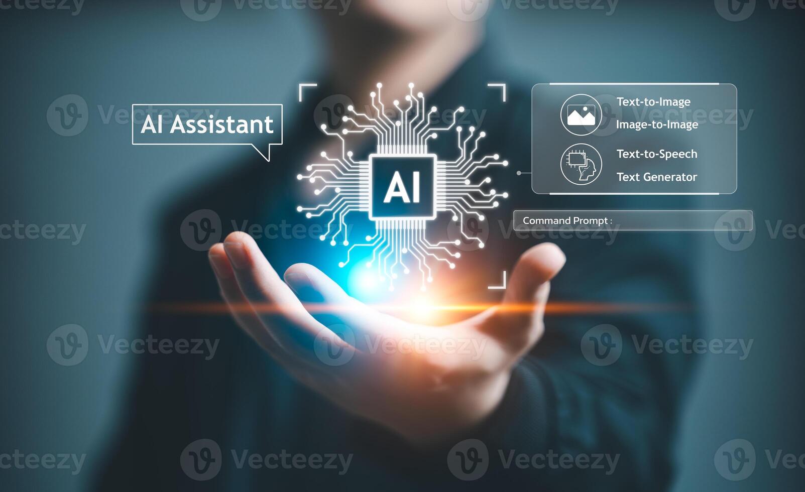 AI, Artificial Intelligence, content Concept. Artist Man using AI Art Assistant to generate image. Text to image command prompt generates, technology Business, futuristic transformation. photo