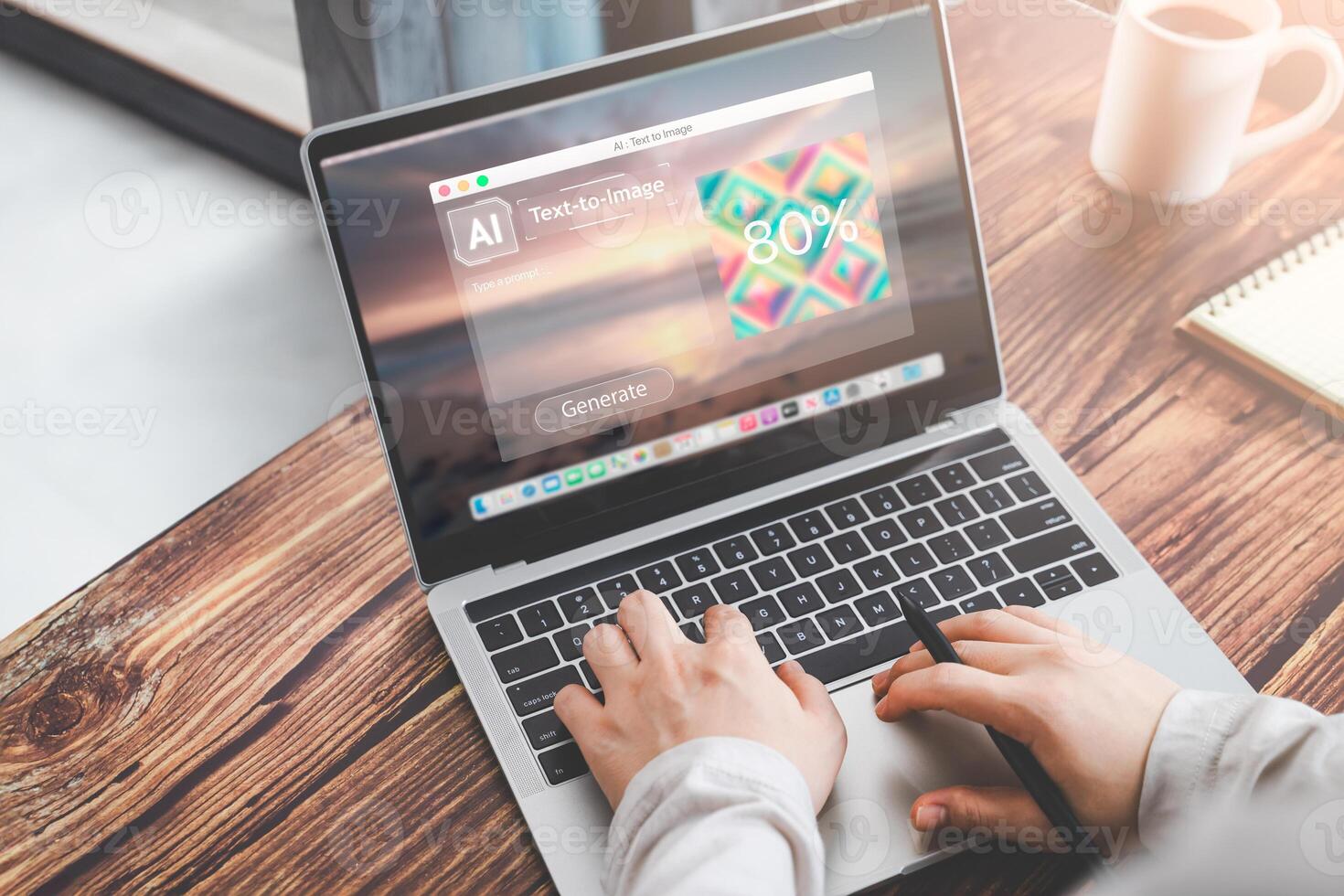 AI, Artificial Intelligence, content Concept. Artist Man using AI Art to generate image content. Text to image command prompt generates, technology Business, futuristic transformation. photo