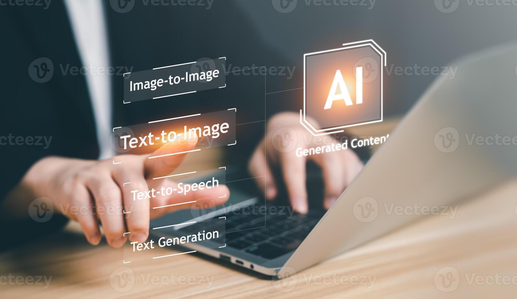 AI, Artificial Intelligence, content Concept. Artist Man using AI Art to generate image content. Text to image command prompt generates, technology Business, futuristic transformation. photo