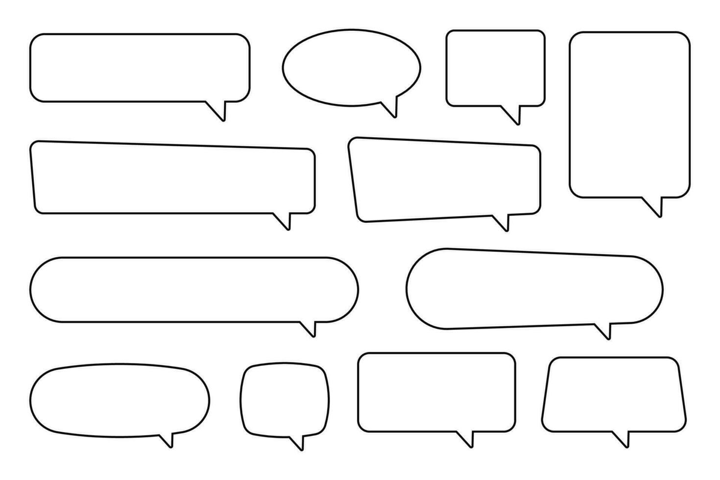 Speech bubbles set of outlined distorted rectangle and square. Trendy line shapes, blank speech balloon, chat bubble on white background, vector design elements.