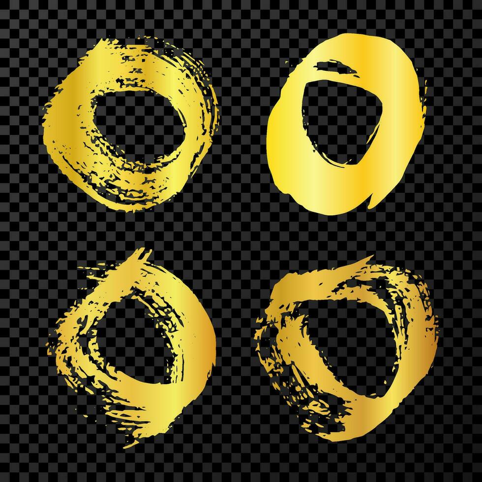 oro grunge cepillo trazos conjunto de cuatro pintado redondeado formas tinta circulo Mancha aislado en oscuro vector