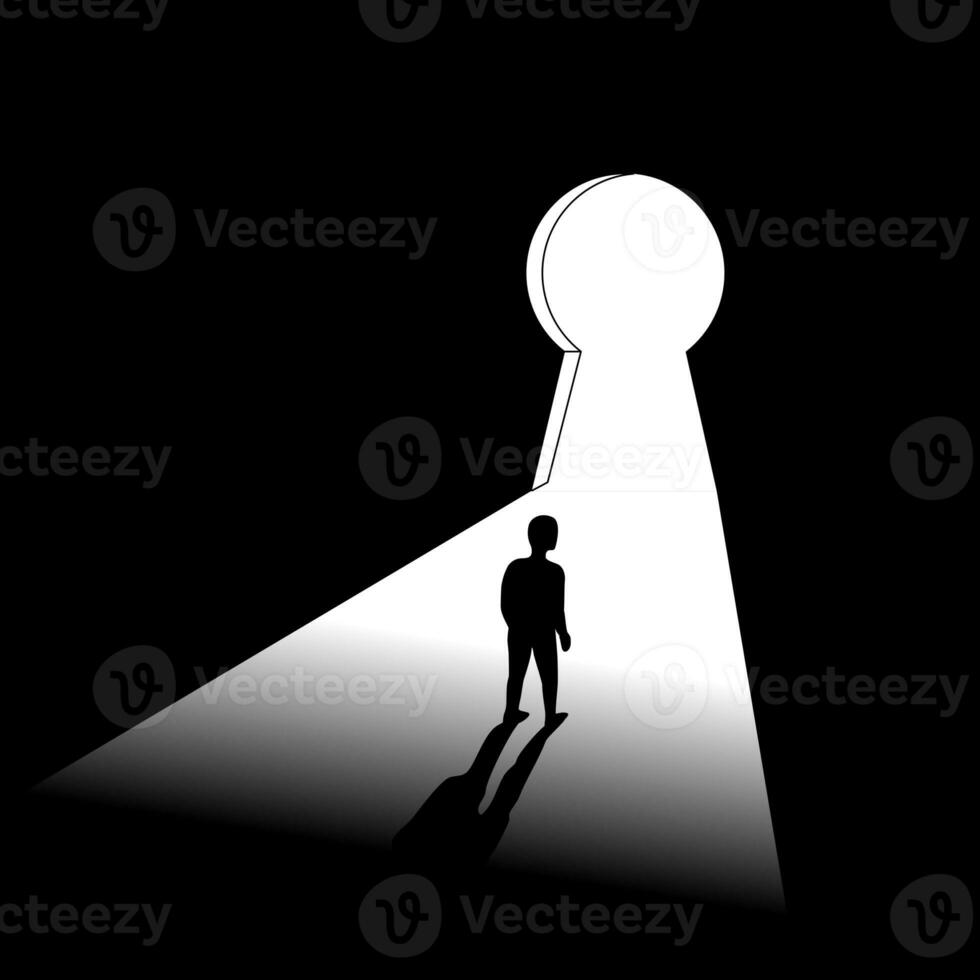 illustration of Black man standing in a dark room in front of the door keyhole shape. A person solved problem. Light shine into the dark room.concept of business. photo