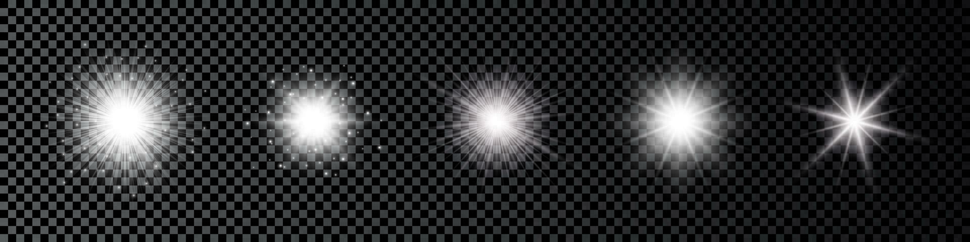 Light effect of lens flares. Set of five white glowing lights starburst effects with sparkles on a dark vector