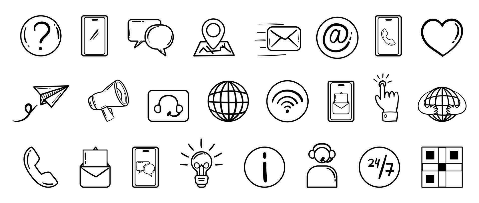 Contact us icon collection in hand drawn doodle outline style. Vector set with customer support black and white symbols - chat, email, phone and others.