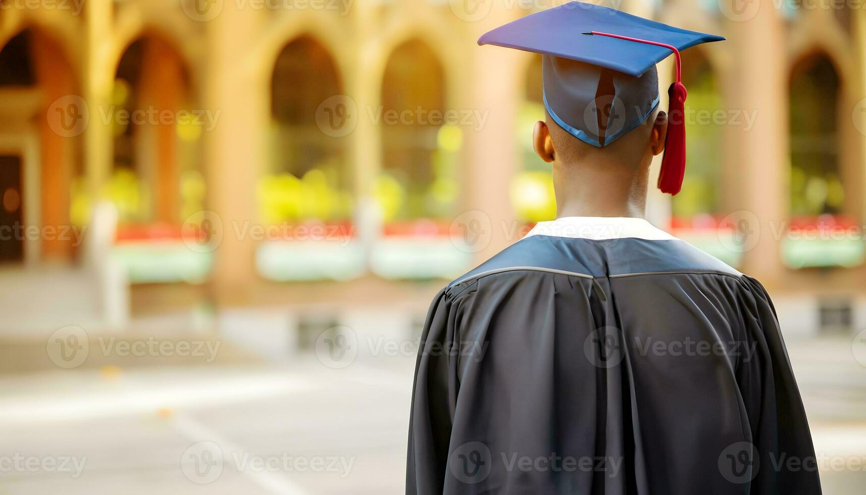 Rear view of a young university graduate standing and wearing graduation gown and cap. photo