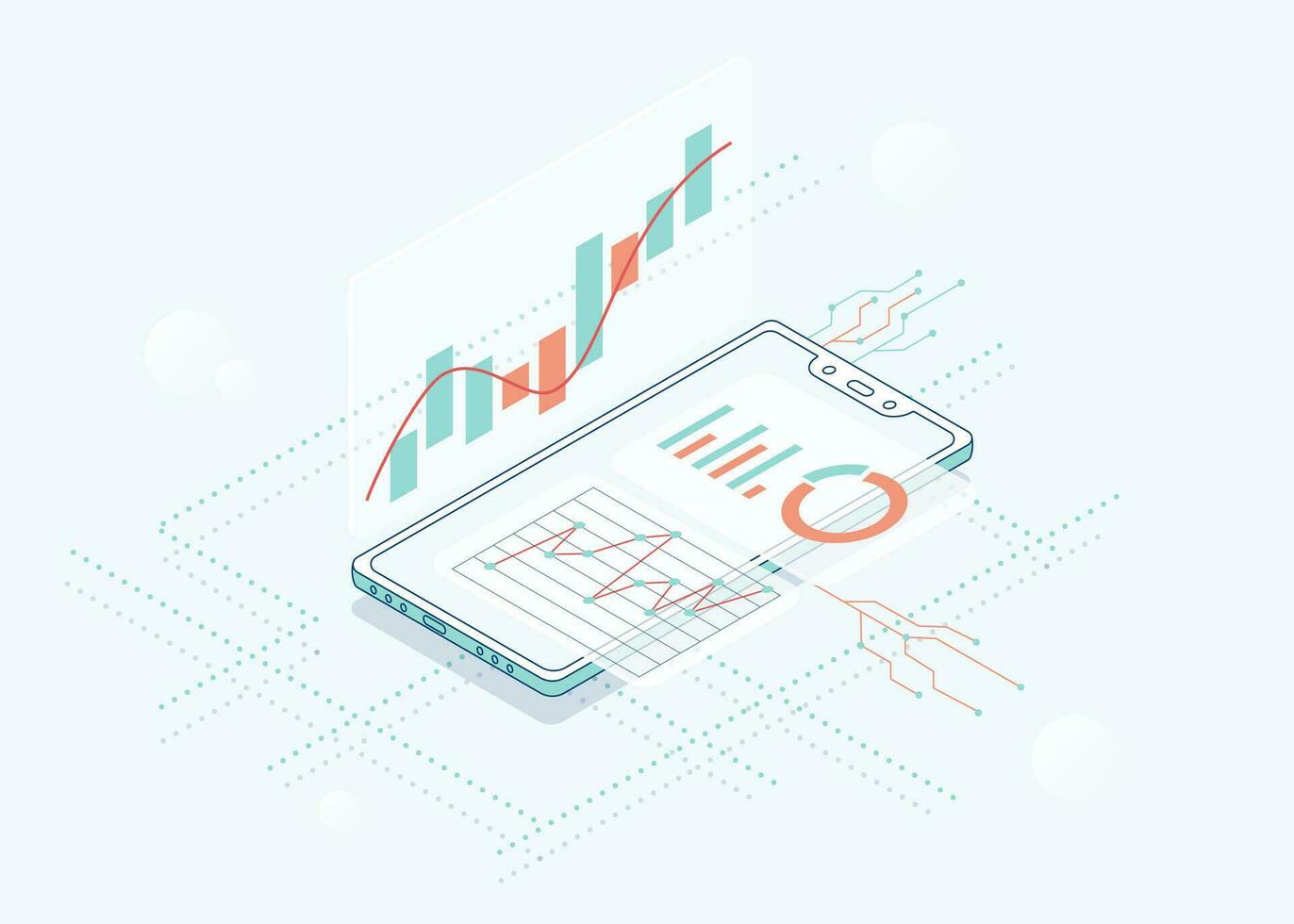 A smartphone with analytics data, graphs and charts on the screen. Mobile technologies. High technology. vector