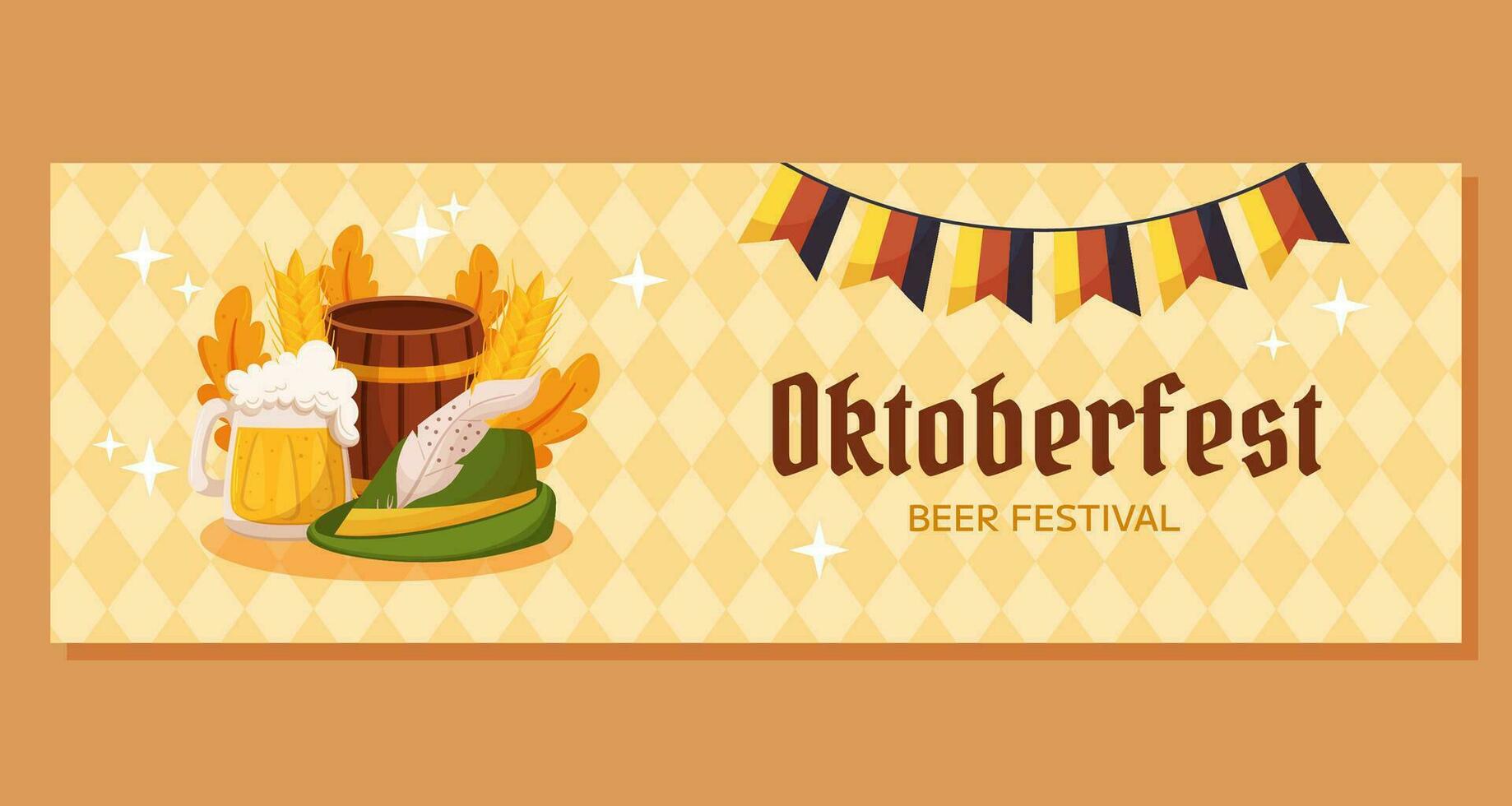 Oktoberfest German beer festival horizontal banner template. Design with Tyrolean hat, beer mug, wooden barrel, Germany colors festive garland, wheat, leaves. Light yellow rhombus pattern vector