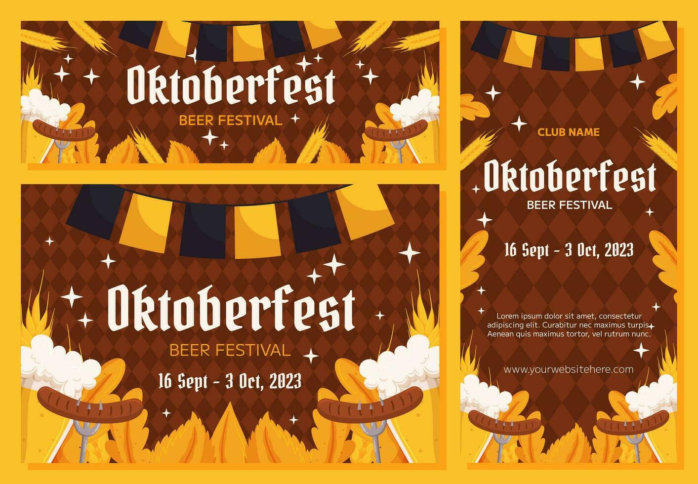 Oktoberfest German beer festival background, vertical and horizontal banner collection. Design with glass of beer, forks with grilled sausage, wheat and leaves, black and yellow garland. vector