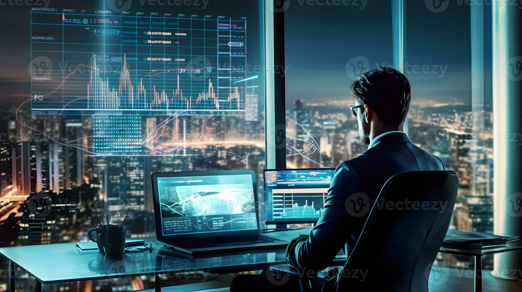 A solitary trader studies stock market graphs on expansive multi monitor workstations, employing mobile app analytics for cryptocurrency and investment growth chart analysis. AI Generative. photo