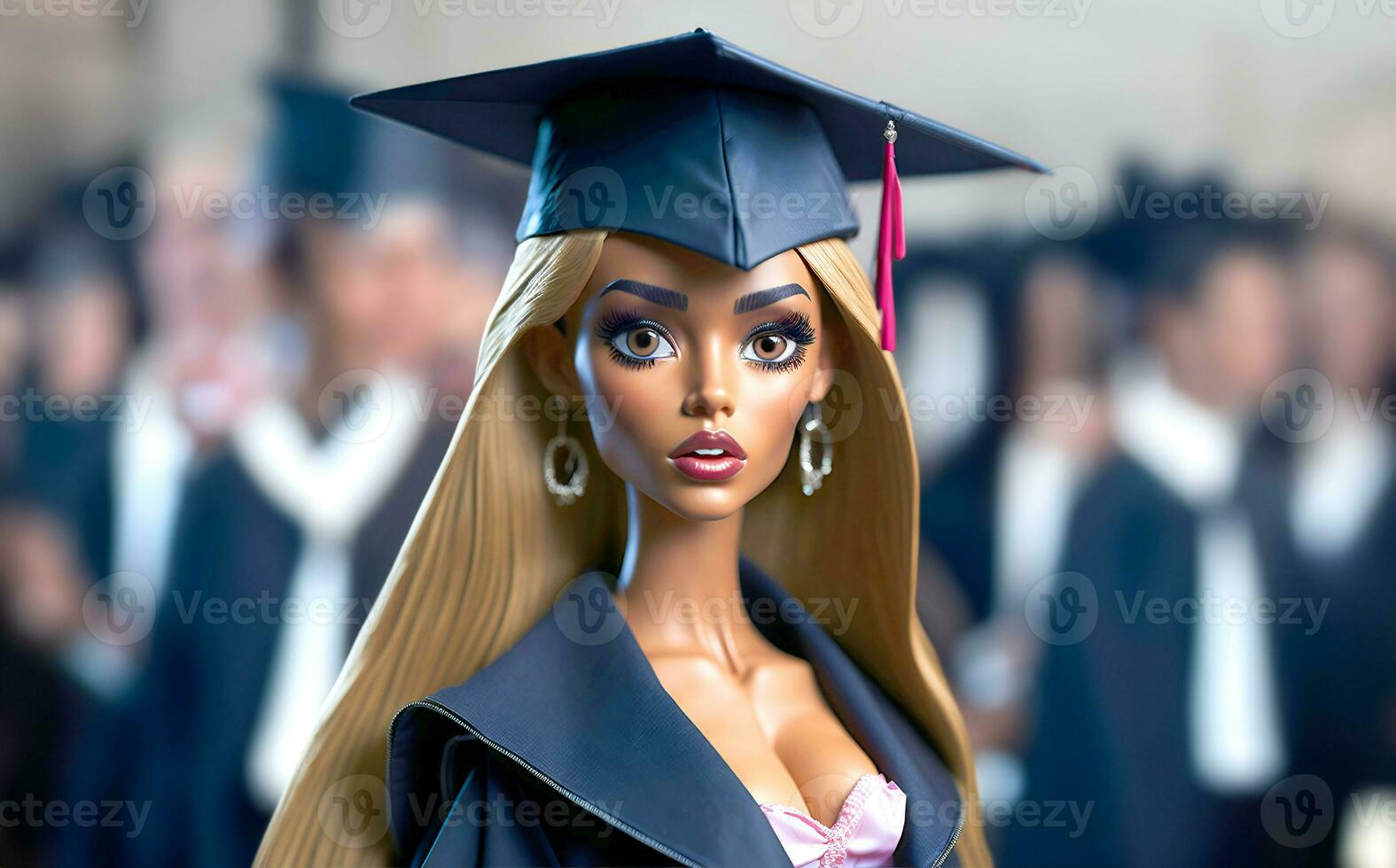 Cute cartoon school girl, plastic doll in college or graduate university. Student learning, concept of education. photo