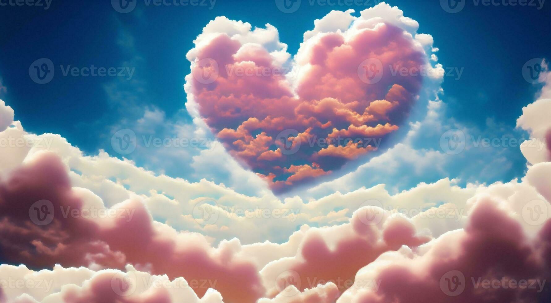 Pink fluffy soft clouds of heart form. Beautiful cloudy sky. Dream cloud of heaven. Nature background or backdrop with copy space. photo