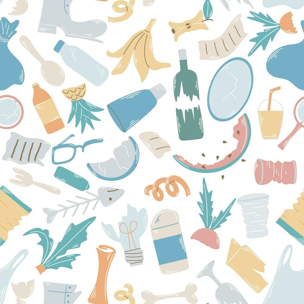 Hand drawn assorted household trash seamless pattern vector