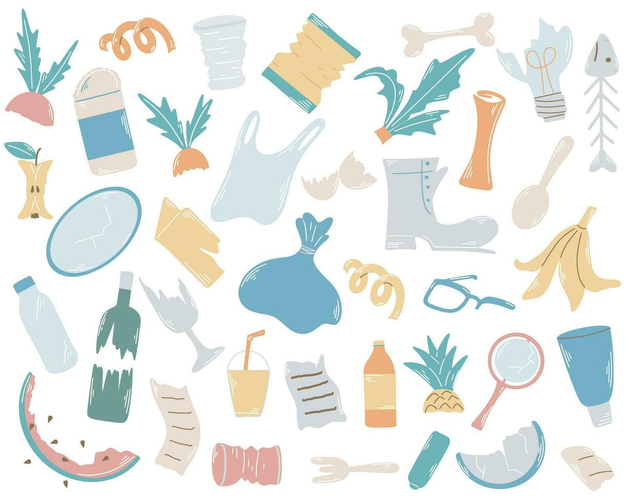 Garbage and household waste hand drawn set vector