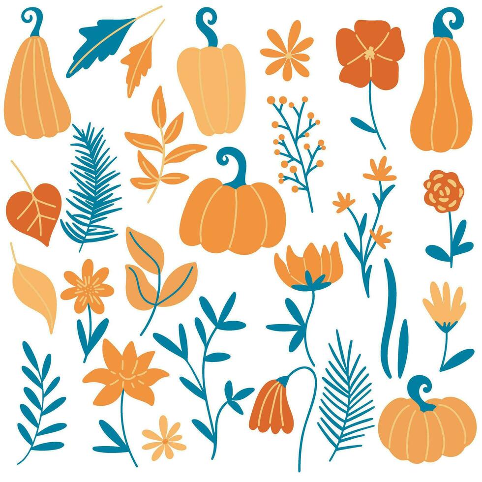 Set of autumn leaves, herbs, flowers and pumpkins vector