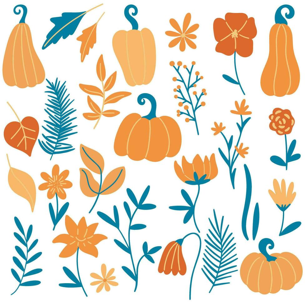 conjunto de otoño hojas, hierbas, flores y calabazas vector