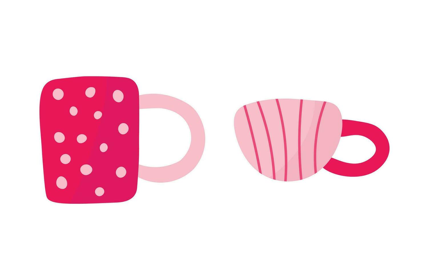 Pink coffee and tea cups set of illustrations. Girly tea pink items for hot drink. vector