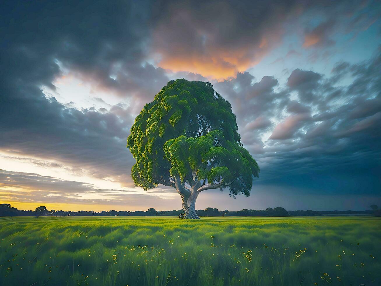 Free photo wide angle shot of a single tree growing under a clouded sky during a sunset surrounded by grass