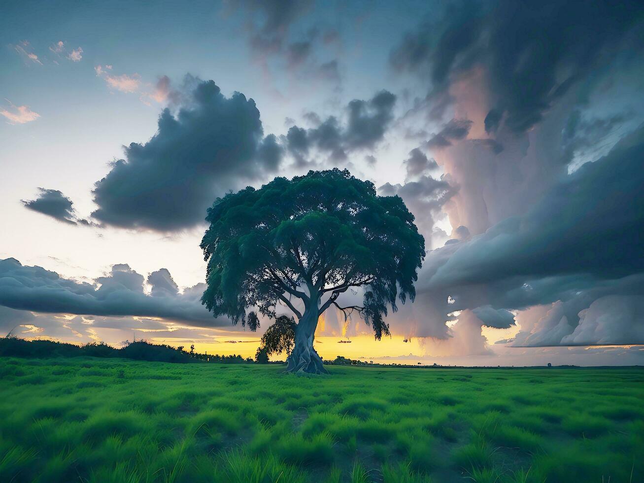 gratis foto amplio ángulo Disparo de un soltero árbol creciente debajo un nublado cielo durante un puesta de sol rodeado por césped