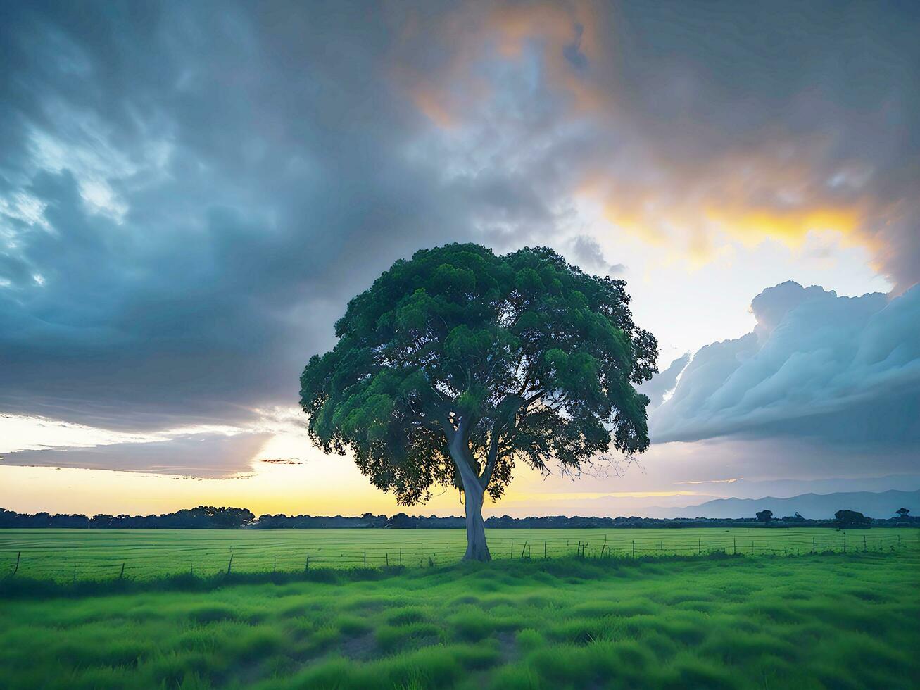 gratis foto amplio ángulo Disparo de un soltero árbol creciente debajo un nublado cielo durante un puesta de sol rodeado por césped