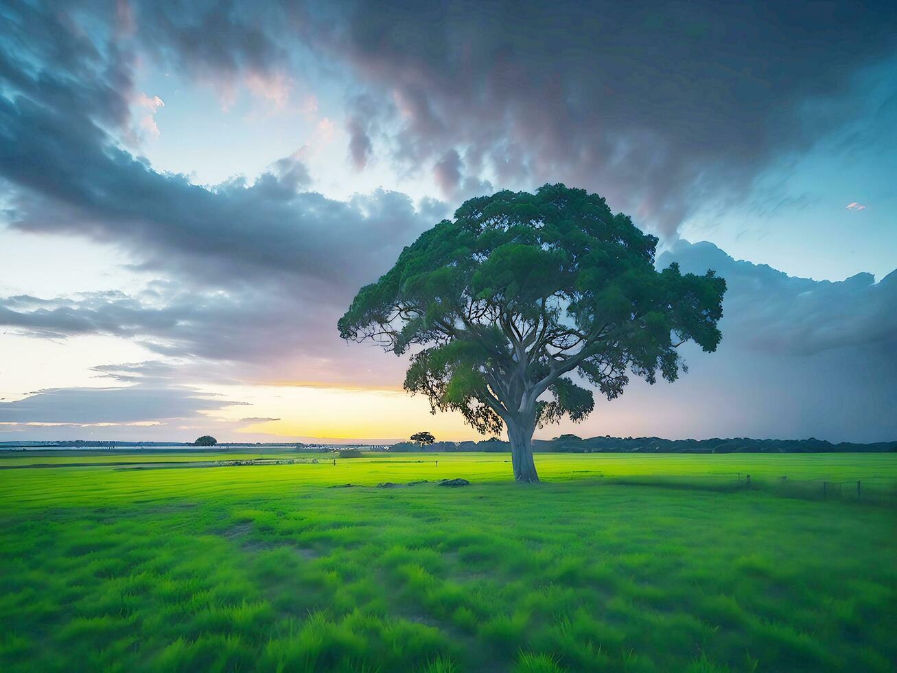 Free photo wide angle shot of a single tree growing under a clouded sky during a sunset surrounded by grass