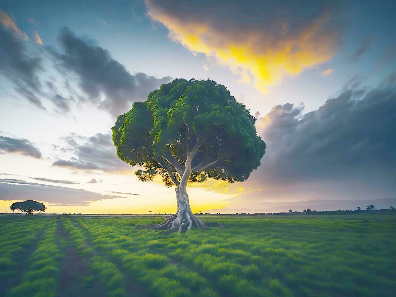 Free photo wide angle shot of a single tree growing under a clouded sky during a sunset surrounded by grass