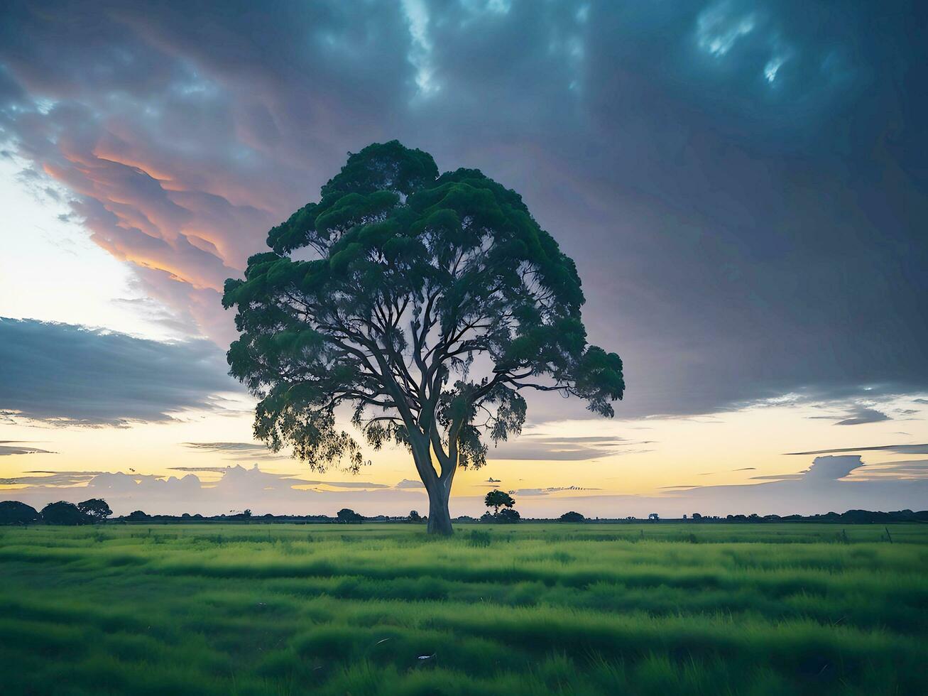 Free photo wide angle shot of a single tree growing under a clouded sky during a sunset surrounded by grass