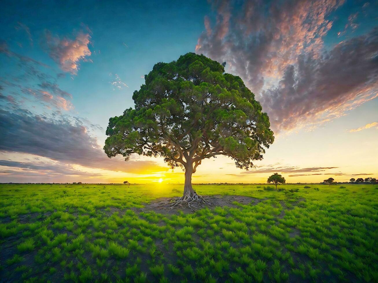 gratis foto amplio ángulo Disparo de un soltero árbol creciente debajo un nublado cielo durante un puesta de sol rodeado por césped