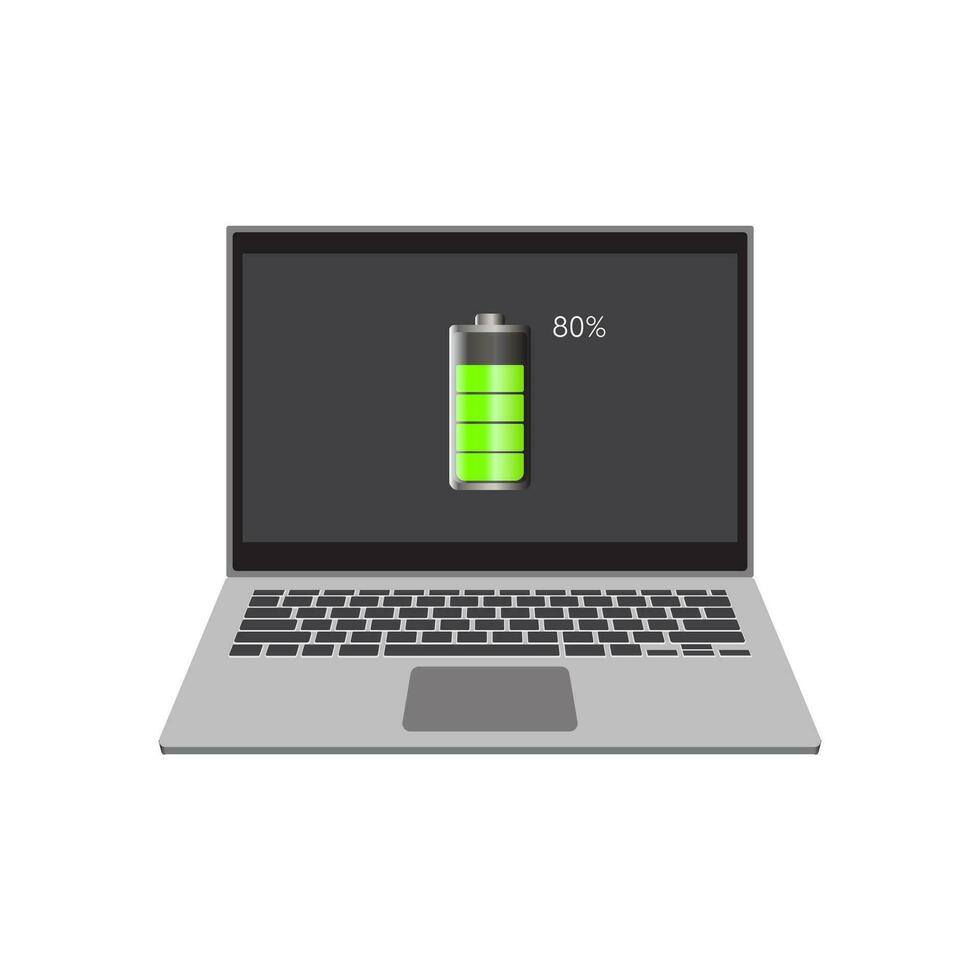 Laptop computer with low battery icon on screen, flat vector illustration EPS 10.