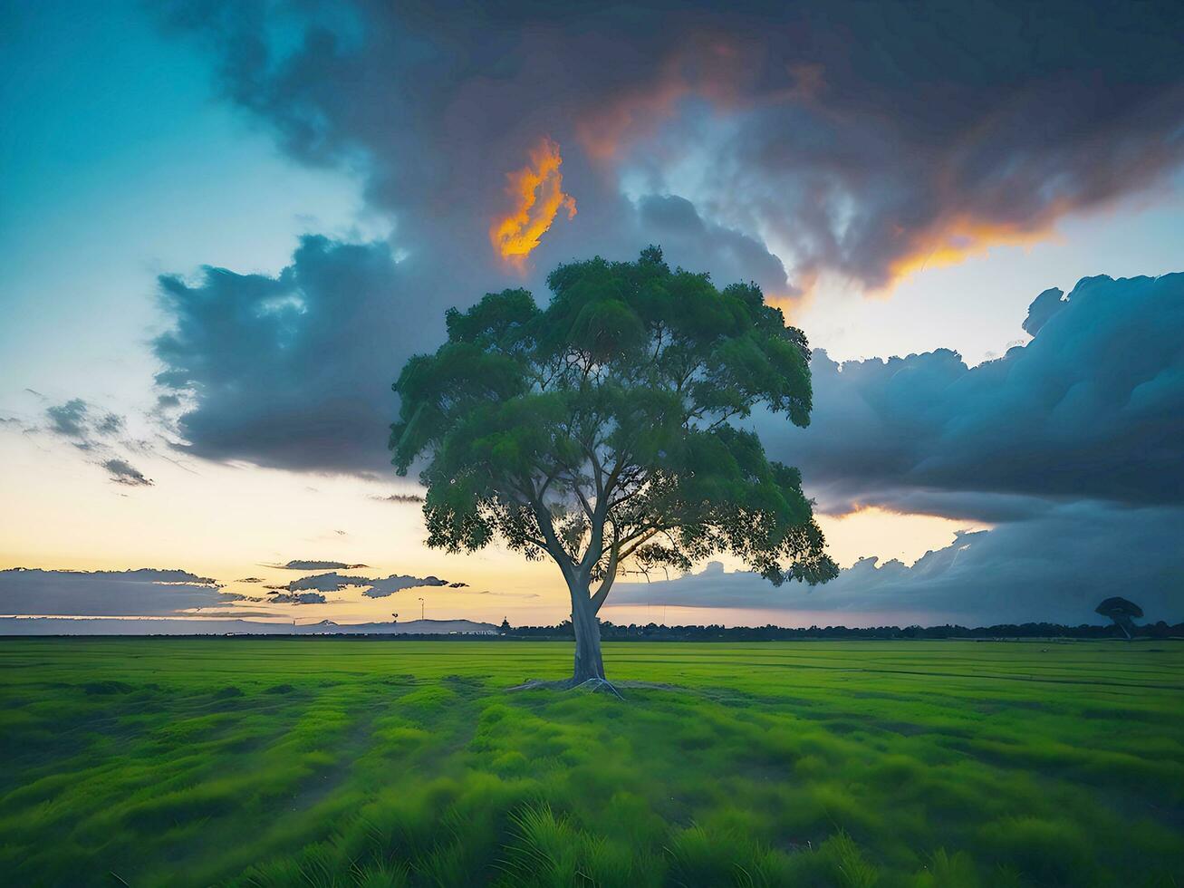 gratis foto amplio ángulo Disparo de un soltero árbol creciente debajo un nublado cielo durante un puesta de sol rodeado por césped