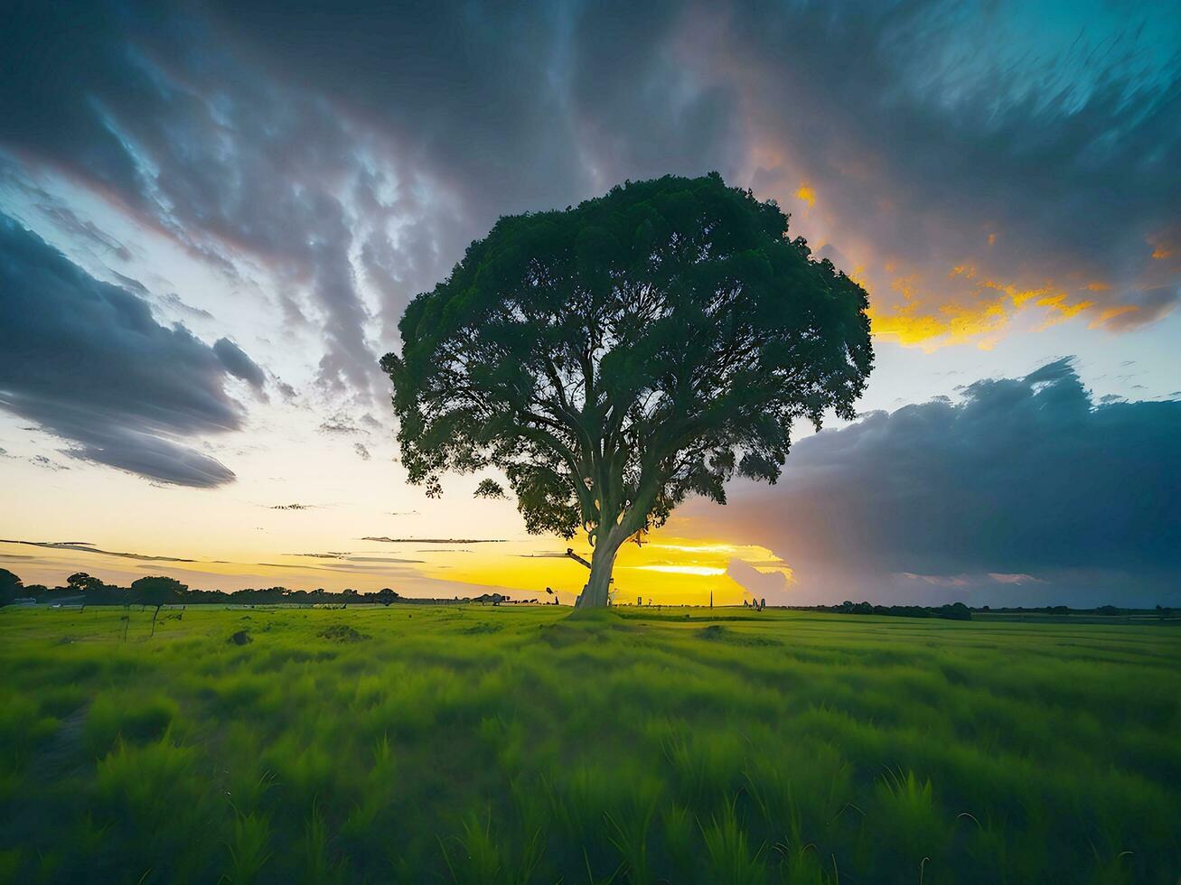 Free photo wide angle shot of a single tree growing under a clouded sky during a sunset surrounded by grass