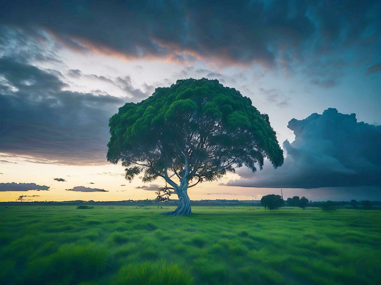 Free photo wide angle shot of a single tree growing under a clouded sky during a sunset surrounded by grass