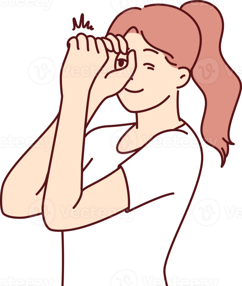 Woman looks through invisible spyglass with curiosity and wanting to know what is happening png