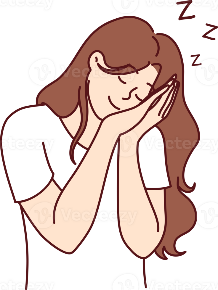 Woman sleeping standing and smiling resting head in hands, needing rest due to overwork or laziness png
