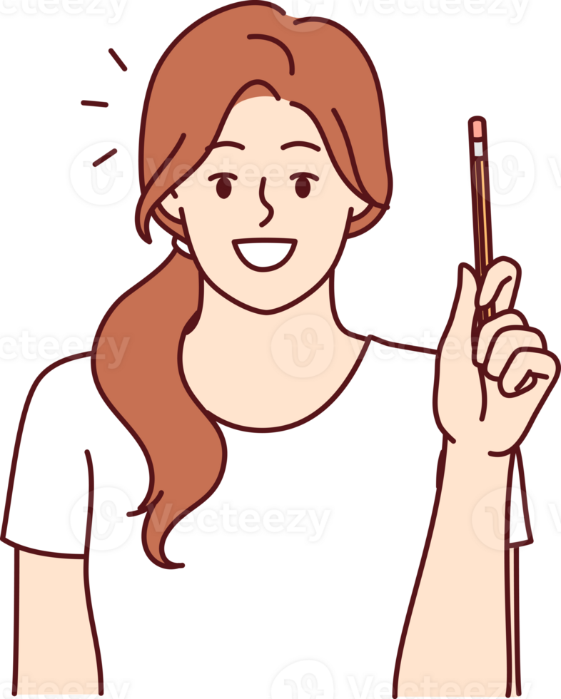 Happy woman has come up with new idea and is holding up pencil to share thoughts and discuss topic png